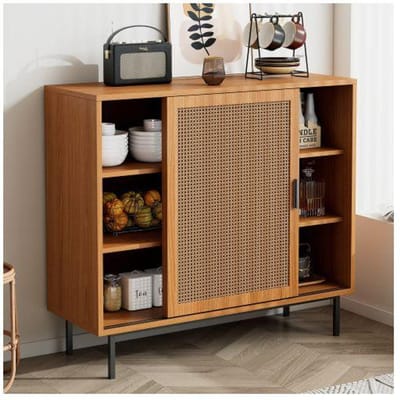 Meuble de cuisine - MUVOE - Commode - 2 portes coulissantes - Étagères réglables - Marron