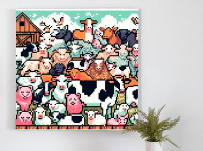 Pixel art vee schilderij | Pixelated boerderij creatie: een eerbetoon aan klassiek veeportret | Kunst - 20x20 centimeter op Dibond | Foto op Dibond