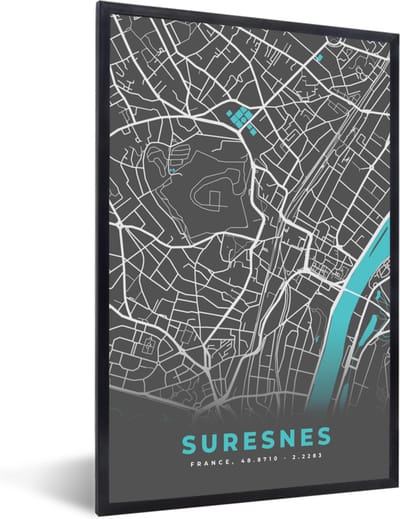 Fotolijst incl. Poster - Suresnes - Kaart - Plattegrond - Stadskaart - Frankrijk - 40x60 cm - Posterlijst
