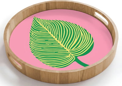 Dienblad rond 40x40 cm - Schootdienblad hout - Illustratie - Blad - Minimalistisch - Groen - Borrelplank rechthoek - Plateau houten dienbladen