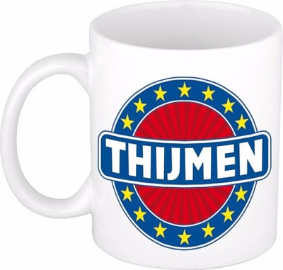 Bellatio Decorations - Thijmen voornaam - koffiemok - beker - wit/blauw - 300 ml - Cadeau - Heren - Collega - Vaderdag - Verjaardag