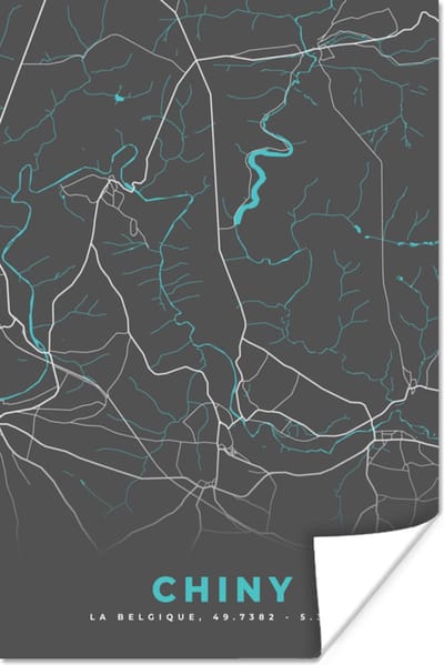Poster Plattegrond – Chiny – Blauw – Stadskaart - Kaart - België - 120x180 cm XXL