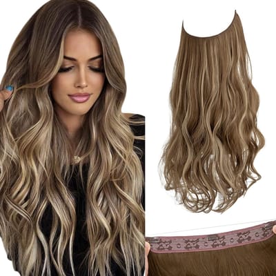 Daity Pruik - onzichtbare draadhaarverlenging - met 2 clips - synthetisch golvend haarstuk - verstelbare transparante hoofdband - damesmodel - 40 cm - grijsbruine highlights.