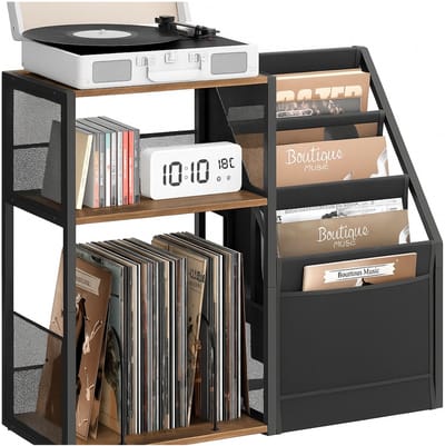 Signature Home LP Opbergsysteem – Vinyl Opbergkast - Platenrek – Platenspeler Meubel met Opbergruimte – LP Kast voor ±140 Platen – Platenspeler Standaard – Hout Metaal – Bruin Zwart – 30x81x69 cm
