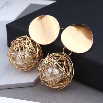 1 Paire de Boucles d'Oreilles Simple Balle Tissée Bohème Bois Femmes Vintage Pendant Longues Bijoux or