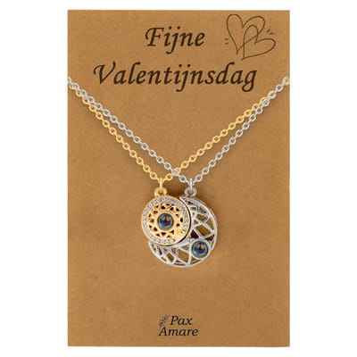 Koppel Ketting voor 2 'Fijne Valentijnsdag' - Rondjes ILY IN 100 TALEN - Vriendschapsketting op Cadeau Kaartje - 45cm + 5cm verstelbaar - Goudkleurig & Zilverkleurig - BFF Hanger - Pax Amare