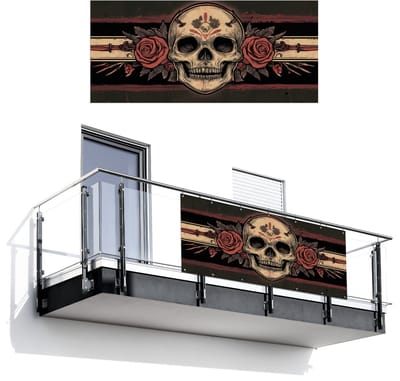 Balkonscherm 200x90 cm - Balkonposter Schedel - Rozen - Gotisch - Balkon scherm decoratie - Balkonschermen - Balkondoek zonnescherm