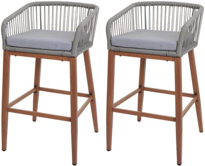 Set van 2 Touw barkrukken MCW-O22, buiten zitkussen touw vlechtwerk metaal hout-look ~ lichtgrijs, kussen lichtgrijs