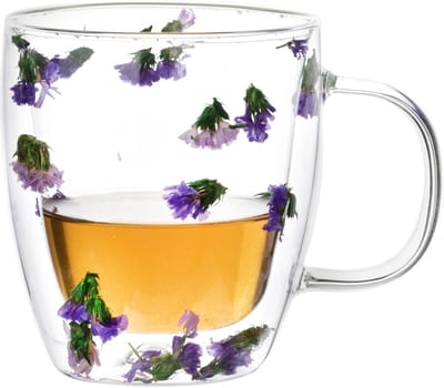MONDEX - PETER FLOWERS Mok - 350ml 13x9.5xh12cm - DUBBELWANDIG - GLAS - Theeglas - Koffieglas - Droogbloemen - Paars groen