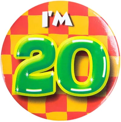Button 20 Jaar - Button met speld (55mm) - Leeftijd badge - 20 Jaar versiering - Accessoires - Rozet I'm 20 - Verjaardag jongen / meisje / man / vrouw - Button 20 Jaar