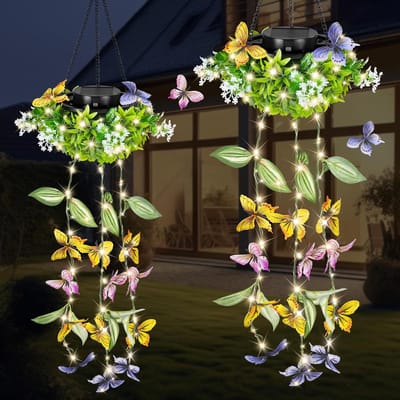 Namajunas - Solar tuin hanglamp - Hangende vlinderlamp met wijnrank - Waterdicht - Lichtslinger met vlinders om te hangen - Milieuvriendelijk en energiezuinig - Geschikt voor gazon - Cadeau voor tuinieren - Tuin decoratie - Kunstplant - 2 stuks