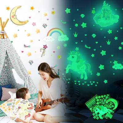 174PCS Glow In The Dark Unicorn Fantasy Rainbow Castle/174 PCS Unicorn Fantasy Rainbow Castle Stars Fluorescerende Stickers Kinderkamer zelfklevende Cartoon Muurstickers
