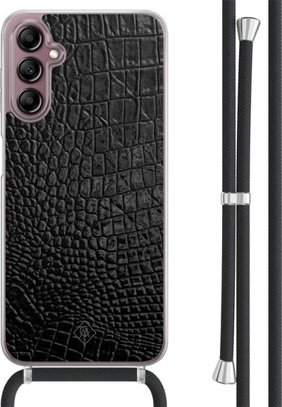 Casimoda® hoesje met koord - Geschikt voor Samsung A14 - Croco Zwart - Afneembaar koord - TPU/acryl - Zwart