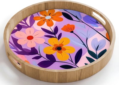 Dienblad rond 40x40 cm - Schootdienblad hout - Bloemen - Kleurrijk - Bladeren - Borrelplank rechthoek - Plateau houten dienbladen
