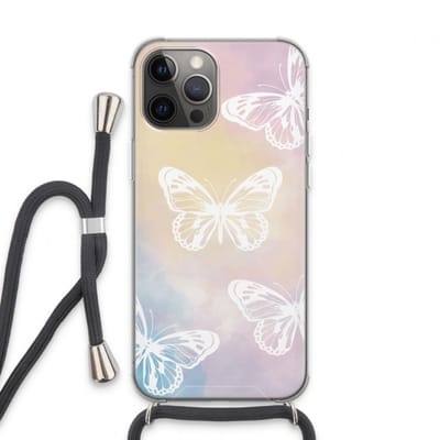 Case Company® - Hoesje met koord geschikt voor iPhone 13 Pro Max hoesje met Koord - White butterfly - Telefoonhoesje met Zwart Koord - Bescherming aan alle Kanten en Over de Schermrand