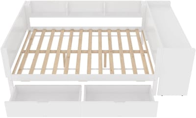 NordHaus Combibed 140x200 cm - Tweepersoonsbed met Bureau - Bed met 2 Laden en 3 Planken - Ruimtebesparend - Wit