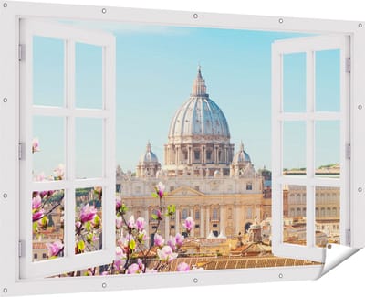 Gards Tuinposter Doorkijk Sint Pietersbasiliek in Rome met Bloemen - 180x120 cm - Tuindoek - Tuindecoratie - Wanddecoratie buiten - Tuinschilderij