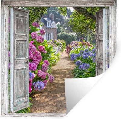 Muurstickers - Sticker Folie - Doorkijk - Hortensia - Bloemen - 100x100 cm - Plakfolie - Muurstickers Kinderkamer - Zelfklevend Behang XXL - Zelfklevend behangpapier - Stickerfolie