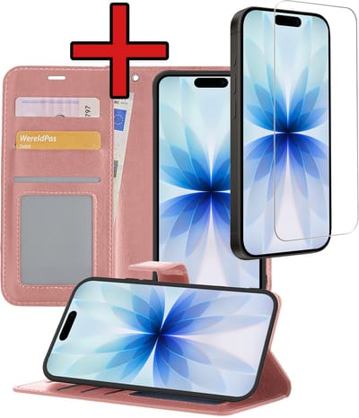 Hoesje - Met Screenprotector - Geschikt voor Apple iPhone 17 - Luxe Pasjeshouder - Flipcase - Bookcase Portemonee - Flip Case - Kunstleer Book Case - Book Cover - Walletcase - Portemonneehoes - Telefoonhoes - Rosé goud