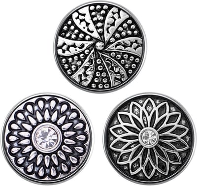 Quiges - Chunk 18mm Click Button Drukknoop Set van 3 Stuks Zilverkleurig Mandala Bloemen - EBCMSET020