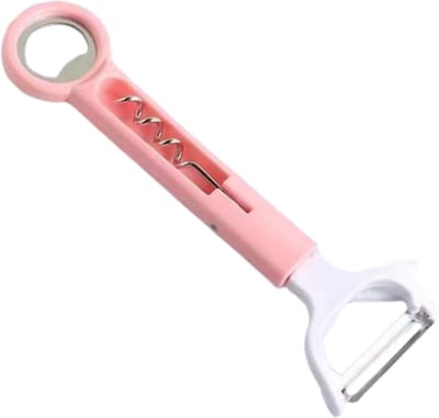 Flesopener met schiller - Kurkentrekker keukenmes - Dranken openen schillen - Roestvrijstalen snijder - 21x7 centimeter - Roze