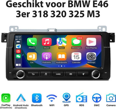 JUNSUN Autoradio Geschikt voor BMW E46 3 Serie (318, 320, 325, M3) - Android 15 - Draadloze Carplay & Android Auto, Bluetooth, 8 Inch IPS TouchScreen, GPS Navigatiesystem, WIFI & USB, FM & RDS, DSP met SWC, 2+32GB, Quad-core processor