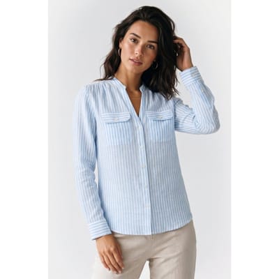 Brooks Brothers Corean Collar Shirt Linen Sky Blue Maat: XS | Longsleeves Outlet | Dames | Blauw