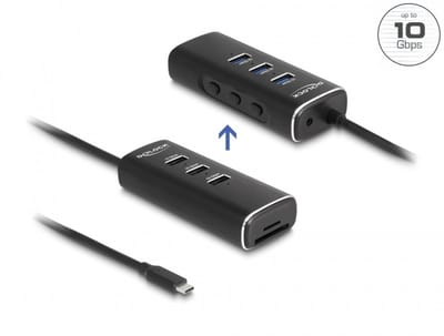 Delock 3 Port USB 10 Gbps Hub including SD and Micro SD Card Reader with USB Type-C™ connector 60 cm Cable and Switch for each port