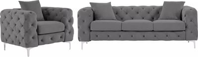 Vente-unique Driezitsbank en fauteuil van antracietgrijs velours EDWINA