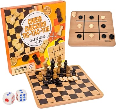 Houten Schaakset - Damesbord Spel - Familie Spelletjes - Dubbelzijdig Bord - 27 cm Bord - Natuurlijk Hout