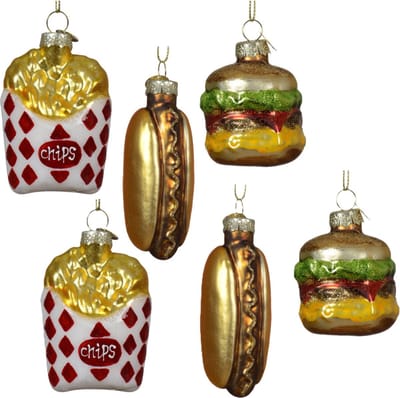 Decoris Kersthangers snacks - 6x stuks - goud - glas - patat - hotdog - hamburger