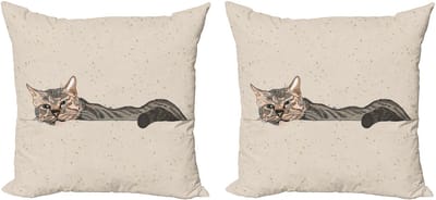 ABAKUHAUS Decoratieve kussenhoes met katmotief, 2 stuks, Lazt Slaperige Kat, 45x45 cm, beige grijs