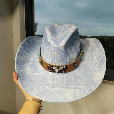 Denim Patchwork Cowboyhoed Mannen Vrouwen canvas hoed uniseks cowboyhoed retro feest podium sombrero vaquero dandy hoeden gorras 56-58 gray