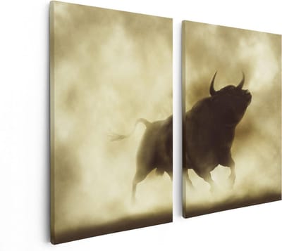 Artaza Canvas Schilderij Tweeluik Zwarte Stier In Het Stoffige Rook - 80x60 cm - Wanddecoratie Woonkamer - Schilderijen - Muurdecoratie