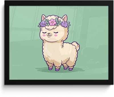 Poster in lijst - Fotolijst 40x30 cm - Posters - Alpaca - Groen - Bloemendiadeem - Posterlijst zwart - Decoratie - Wanddecoratie woonkamer - Muurdecoratie slaapkamer