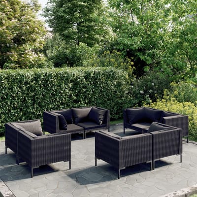 vidaXL - 8-delige - Loungeset - met - kussens - poly - rattan - donkergrijs