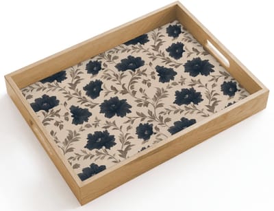 Dienblad hout 40x30 cm - Schootdienblad - Motief - Bloemen - Zwart - Beige - Borrelplank rechthoek - Plateau dienbladen