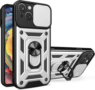 MobyDefend Hoesje - Geschikt voor iPhone 15 - Pantsercase Met Draaibare Ring - Zilvergrijs