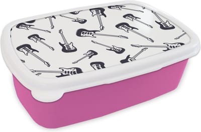 Broodtrommel Roze - Lunchbox - Brooddoos - Tiener - Gitaar - Muziek - Patronen - 18x12x6 cm - Kinderen - Meisje