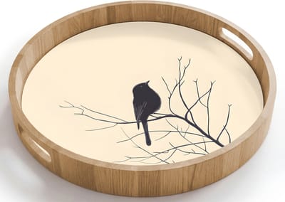 Dienblad rond 40x40 cm - Schootdienblad hout - Vogel - Zwart - Tak - Minimalistisch - Borrelplank rechthoek - Plateau houten dienbladen