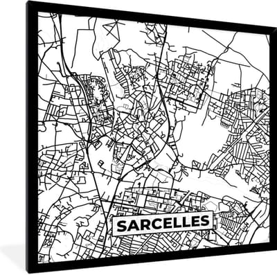 Fotolijst incl. Poster Zwart Wit- Stadskaart - Frankrijk - Kaart - Plattegrond - Sarcelles - Zwart wit - 40x40 cm - Posterlijst