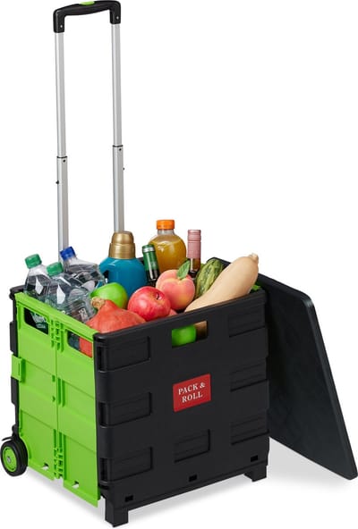boodschappentrolley - inklapbaar - tot 35 kg - 50 l krat - telescopisch handvat - vouwkrat - 2 wielen - groen-zwart