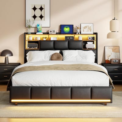 Tweepersoons gestoffeerd bed 160x200 met opbergruimte en USB-aansluiting