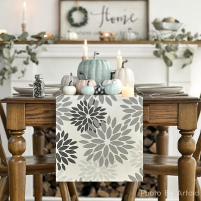 Tafelloper - Bloemen Dahlia's Herfst design - Voor keukentafel decoratie binnen, feest - Grijs 40x140 cm