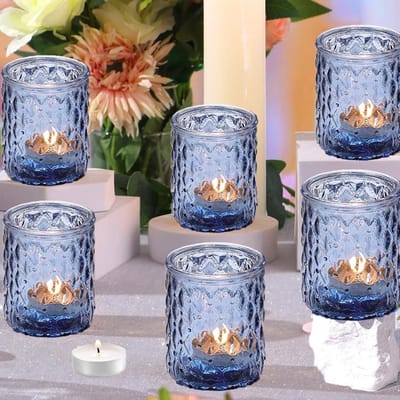 Set van 6 glazen theelichthouders in blauw, ideaal voor bruiloften, tafeldecoratie en feestjes, sfeervolle woonaccessoires