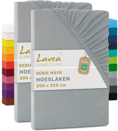 Lavea® Set van 2 Hoeslakens 200x220 cm – 100% Zacht en Ademend Katoen – voor Dikke Matrassen tot 35 cm – Jersey met Elastiek rondom – Zilver