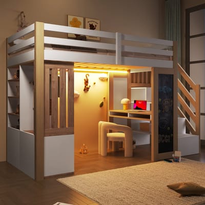 Hoogslaper - 90x200 cm - Met Bureau en Kledingkast - Kasttrap en Led-verlichting - Hout - Wit en Naturel