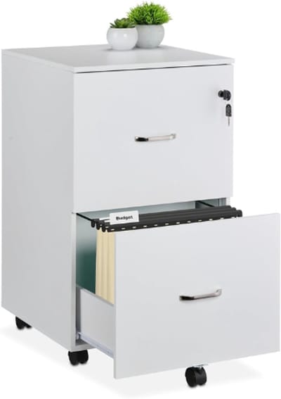 Relaxdays Ladekast Op Wieltjes Met Hangmappenhouder Bureau Onderkast Wit 2 Lades Multifunctionele Archiefkast Voor Thuis En Kantoor 72x43x46 Cm