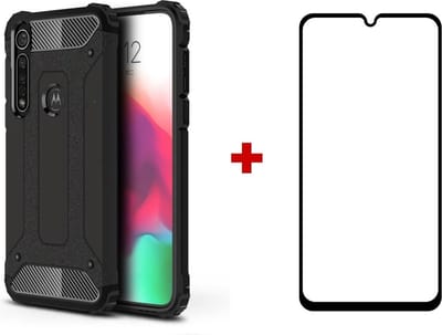 Motorola Moto G8 Plus TPU hybride zwart hoesje + full cover glas screenprotector