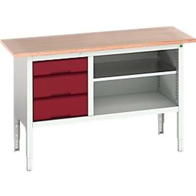 Werkbank Bott verso, multiplexplaat, 3 laden & 1 legbord, B 1500 x D 600 x H 830 - 930 mm, RAL 7035 lichtgrijs / paarsrood